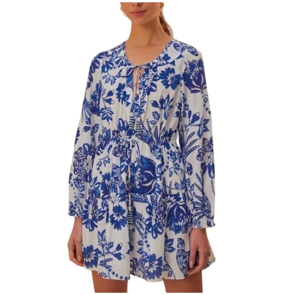 NWT Farm Rio Blue White Birds Mini Dress XL Long Sleeve Tiered Boho Floral